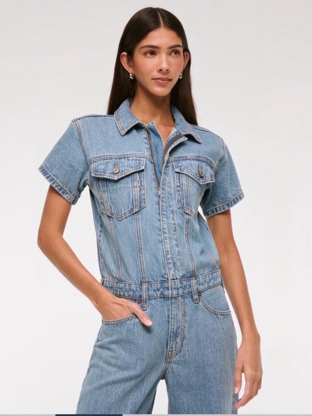 CLOSET CLEAN OUT Abercrombie & Fitch Light Blue Denim Short-Sleeve Jumpsuit - Picture 2 of 5